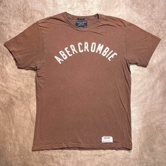 Abercrombie & Fitch Brown Patchwork Embroidered Stitched Short Sleeve T-Shirt - Picture 1 of 10